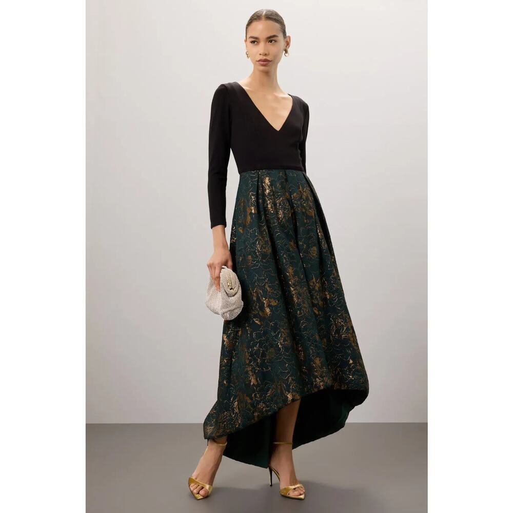 Hutch Marilyn Dress Long Sleeve Floral Jacquard Skirt Hi Lo Gown Black Green 14W